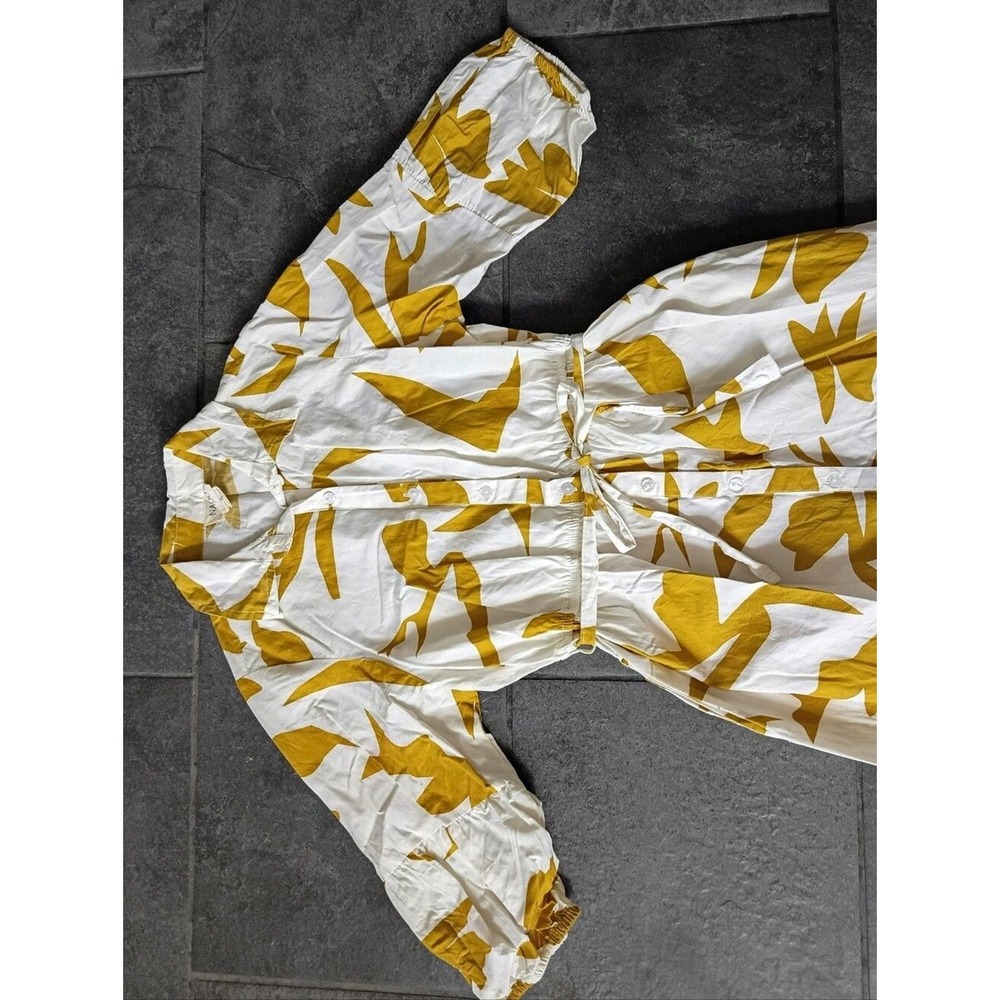 Boho Resortwear 100% Cotton Mustard Yellow White Abstract Maxi Shirtdress S - Picture 2 of 10